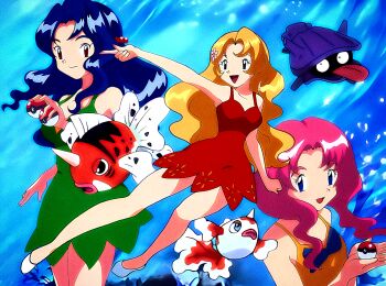 1990s_(style) 3girls black_eyes blonde_hair blue_bow blue_eyes blue_hair bow breasts brown_eyes closed_mouth commentary_request daisy_(pokemon) dress eyelashes faux_retro_artstyle fish flower gen_1_pokemon goldeen green_dress hair_flower hair_ornament highres holding holding_poke_ball horns lily_(pokemon) long_hair medium_hair multiple_girls nintendo open_mouth pink_hair poke_ball poke_ball_(basic) pokemon pokemon_(anime) pokemon_(classic_anime) pokemon_(creature) red_dress retro_artstyle seaking shellder siblings single_horn sisters sleeveless sleeveless_dress tekken_papiyon tongue tongue_out violet_(pokemon) white_flower