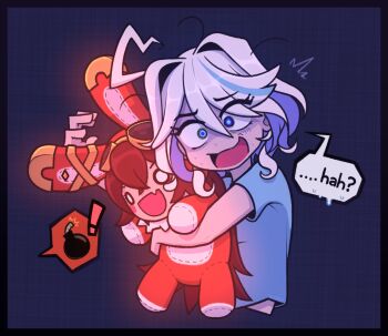 ! 1girl amber_(genshin_impact) baron_bunny_(genshin_impact) blue_eyes blue_hair bomb character_doll commentary dark_background doll english_commentary explosive furina_(genshin_impact) genshin_impact goggles goggles_on_head heterochromia holding holding_stuffed_toy hug hugging_object mismatched_pupils multicolored_hair o_o open_mouth short_hair simple_background solo speech_bubble streaked_hair stuffed_animal stuffed_rabbit stuffed_toy surprised vullen white_hair