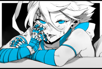 1boy absurdres ahoge bandages bandaged_arm bandages blood blood_on_face blood_string blue_eyes blue_theme border euros_(niwarhythm) hair_between_eyes highres licking licking_finger looking_at_viewer male_focus medium_hair monochrome niwarhythm original smile solo tongue tongue_out upper_body white_border