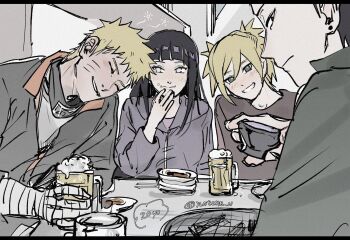 2boys 2girls bandaged_hand bandages beer_mug black_border black_hair black_jacket blonde_hair blunt_bangs blush border breasts closed_eyes couple cup earrings facial_mark food food_on_face grey_jacket grin hair_between_eyes highres hime_cut holding holding_cup hyuuga_hinata jacket jewelry long_hair medium_breasts mug multiple_boys multiple_girls nara_shikamaru naruto_(series) notane_n parted_lips short_hair sketch smile spiked_hair squeans table teeth temari_(naruto) twintails uzumaki_naruto whisker_markings