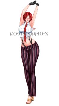 1girl arms_up breasts curvy dappa1402 feet female_focus gloves hands_up huge_breasts large_breasts pale_skin pants red_hair see-through_clothes see-through_shirt shirt shoes short_hair smile smiley_face standing stretching the_king_of_fighters thick_thighs thighs translucent transparent vanessa_(kof) white_shirt wide_hips