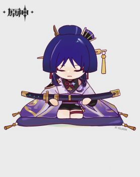 1boy alternate_costume alternate_universe artist_name black_shorts bridal_gauntlets character_doll chinese_commentary closed_mouth cosplay cushion doll eyeliner fan_hair_ornament genshin_impact grey_background hair_ornament hairpin highres hillmura holding holding_weapon japanese_clothes jewelry katana kimono long_hair makeup mitsudomoe_(shape) multicolored_hair neck_ribbon off_shoulder parted_bangs pillow product_placement purple_kimono raiden_shogun raiden_shogun_(cosplay) red_eyeliner red_ribbon red_sash ribbon sash scaramouche_(genshin_impact) seiza shade shorts simple_background single_bare_shoulder sitting sleeveless solo statue_of_her_excellency_(genshin_impact) streaked_hair sword thighlet tomoe_(symbol) weapon zabuton
