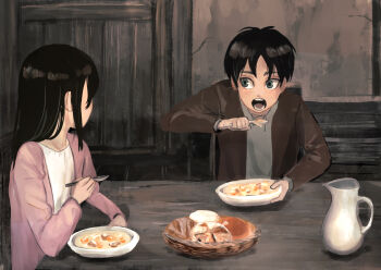 1boy 1girl black_hair bread cardigan commentary_request crack cracked_wall eating eren_yeager food green_eyes hair_over_eyes highres holding holding_spoon indoors jacket looking_at_another mikasa_ackerman moriori1113 open_cardigan open_clothes open_mouth pink_cardigan shingeki_no_kyojin short_hair soup spoon