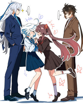 Rule 34 | ..., 2boys, 2girls, ahoge, black hair, blue hair, blue necktie, blue sailor collar, blue suit, brown hair, brown suit, commentary request, contemporary, flower, formal clothes, furina (genshin impact), genshin impact, grey hair, hair flower, hair ornament, hand in pocket, heart, highres, holding hands, hu tao (genshin impact), kiyokezo, korean commentary, long hair, multiple boys, multiple girls, necktie, neuvillette (genshin impact), pleated skirt, red sailor collar, sailor collar, school uniform, skirt, suit, twintails, white necktie, zhongli (genshin impact)