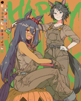 2girls ahoge animal_ears black_hair blush breasts brown_overalls cleavage dark-skinned_female dark_skin ear_ornament ear_scrunchie fang fuji_kiseki_(umamusume) hair_between_eyes hair_ornament hairclip hishi_amazon_(umamusume) horse_ears horse_girl horse_tail long_hair looking_at_viewer multicolored_hair multiple_girls overalls paint red_eyes red_scrunchie scrunchie shirt tail toriga_naku umamusume very_long_hair