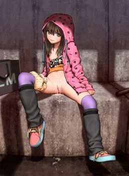 1girl animal_print bag bottomless brown_eyes brown_hair cat_print cleft_of_venus clothes_pull cum cum_on_body cum_on_pussy cum_pool cumdrip flat_chest highres hood hoodie loli long_hair panties panties_around_leg pussy rustle shirt_pull shoes sneakers spread_legs thighhighs third-party_edit uncensored underwear