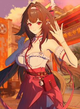 1girl absurdres animal_ears bag bow bracelet breasts brown_hair cleavage criss-cross_straps droopy_ears fox_ears fox_girl fox_tail gruisin hair_ornament headband highres jewelry light_blush long_hair long_skirt medium_breasts multicolored_hair official_alternate_costume outdoors red_eyes shirt skirt smile streaked_hair tail very_long_hair waving ye_shunguang zenless_zone_zero