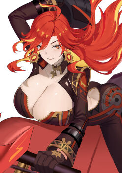 Rule 34 | 1girl, ahoge, alternate breast size (larger), ass, backless bodysuit, biker clothes, bikesuit, black bodysuit, blonde hair, bodysuit, breast focus, breasts, cleavage, cleavage cutout, closed mouth, clothing cutout, earrings, genshin impact, gold choker, helmet, highres, holding, holding unworn helmet, hoop earrings, huge breasts, jewelry, long hair, looking at viewer, mavuika (genshin impact), motor vehicle, motorcycle, motorcycle helmet, multicolored hair, on motorcycle, red eyes, red hair, renzero (user vmsj8444), riding, sitting, smile, solo, streaked hair, sun earrings, unworn headwear, unworn helmet, very long hair, white background, yellow eyes