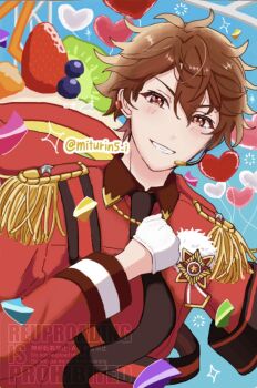 Rule 34 | 1boy, balloon, blueberry, brown hair, clenched hand, clenched teeth, collared shirt, commentary request, ensemble stars!, food, fruit, gloves, hand up, headset, heart, heart balloon, highres, hot &amp; elegant chocolat fes (ensemble stars!), kiwi (fruit), kiwi slice, long sleeves, looking at viewer, male focus, mitsuringo (miturin5 i), morisawa chiaki, necktie, official alternate costume, red eyes, shirt, short hair, smile, solo, sparkle, strawberry, teeth, twitter username, upper body, watermark, white gloves