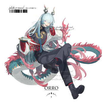 Rule 34 | 1boy, absurdly long tail, absurdres, alternate costume, arknights, black pants, black shirt, blue hands, blunt sidelocks, chinese commentary, colored extremities, commentary request, crossed legs, cup, dragon boy, dragon horns, dragon print, dragon tail, eastern dragon horns, eastern dragon tail, full body, gradient hair, green hair, hand to own mouth, highres, holding, holding cup, horns, laughing, long hair, multicolored hair, orro, pants, pink eyes, pink hair, pointy ears, pouring, sakazuki, shirt, sidelocks, simple background, solo, tail, turtleneck, turtleneck shirt, watermark, white background, yi (arknights)