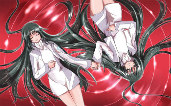Rule 34 | 10s, 2girls, black hair, blush, closed eyes, cropped jacket, grey eyes, holding hands, long hair, long sleeves, lxz, lying, minashiro orihime, minashiro tsubaki, mother and child, mother and daughter, multiple girls, on back, parent and child, parted lips, skirt, soukyuu no fafner, time paradox, uniform, very long hair