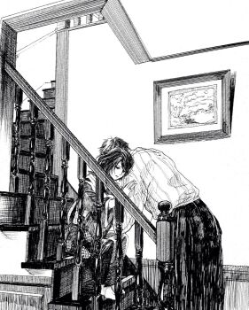 1boy 1girl ameishi ballpoint_pen_(medium) banister closed_mouth comforting commentary_request greyscale hatching_(texture) highres indoors japanese_clothes kimono leaning_forward linear_hatching long_sleeves monochrome obi original pants pen_(medium) picture_frame sash shirt short_hair sitting sitting_on_stairs stairs striped_clothes striped_shirt tabi traditional_media vertical-striped_clothes vertical-striped_shirt
