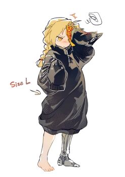 1boy aged_down ahoge black_pants blonde_hair braid closed_mouth coat commentary_request edward_elric english_text full_body fullmetal_alchemist highres jacket light_blush long_hair male_focus mechanical_legs no_pants oversized_clothes pants prosthesis sleeves_past_fingers sleeves_past_wrists solo standing white_background xue_ezi yellow_eyes