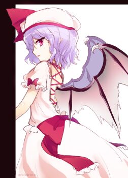 Rule 34 | 1girl, back bow, backless outfit, bat wings, bow, commentary request, from below, from side, hat, hat ribbon, mito tsubaki, odaibako, open mouth, pointy ears, profile, puffy short sleeves, puffy sleeves, purple hair, red bow, red eyes, red ribbon, remilia scarlet, ribbon, shirt, short sleeves, skirt, solo, touhou, white hat, white shirt, white skirt, white wings, wings