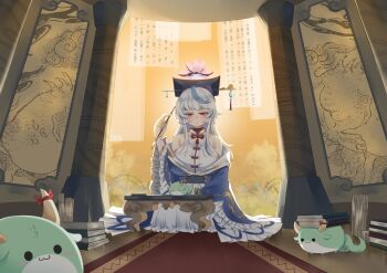 Rule 34 | 1girl, :3, absurdres, alternate costume, blue hair, book, breasts, calligraphy brush, closed eyes, closed mouth, clothing request, commentary, ex-keine, frilled sleeves, frills, grey hair, hat, highres, holding, holding calligraphy brush, holding paintbrush, horn ornament, horn ribbon, horns, kamishirasawa keine, large breasts, long sleeves, multicolored hair, no noru, paintbrush, red eyes, ribbon, sitting, sleeping, smile, sukusuku hakutaku, table, touhou, two-tone hair, wide sleeves