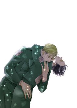 2boys belt black_hair blonde_hair closed_eyes coat commentary cowboy_shot dutch_angle erwin_smith green_coat hand_on_another's_back harurunhol head_back highres kiss kissing_neck levi_(shingeki_no_kyojin) long_sleeves male_focus multicolored_hair multiple_boys shingeki_no_kyojin short_sideburns sideburns simple_background survey_corps_(emblem) symbol-only_commentary two-tone_hair white_background yaoi