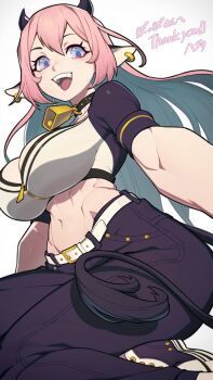 1girl :d animal_ears bell belt black_collar black_pants breasts cleavage collar commission cow_ears cow_girl cow_tail cowbell crop_top ear_piercing hata4564 highres horns large_breasts long_hair midriff navel neck_bell open_mouth original pants piercing pink_hair purple_eyes shoes short_sleeves sidelocks simple_background skeb_commission smile sneakers solo stomach tail tight_top white_background white_belt zipper