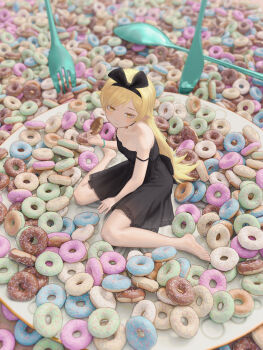 1girl absurdres barefoot black_bow black_dress black_hairband blonde_hair blush bow bow_hairband chinese_commentary chocolate_donut closed_mouth commentary_request donut dress food hairband highres holding holding_food long_hair looking_at_viewer monogatari_(series) oshino_shinobu oversized_fork oversized_spoon pink_donut pointy_ears shupianmao sitting solo sprinkles strap_slip too_many wariza yellow_eyes