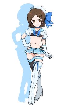 Rule 34 | 1girl, asymmetrical footwear, beret, bikini, bikini under clothes, black bikini, black thighhighs, blue bow, blue sailor collar, blue skirt, boots, bow, brown eyes, brown hair, character request, commentary request, commission, crossed legs, drop shadow, elbow gloves, fold-over boots, full body, gloves, grey boots, grey gloves, grey hat, hair ornament, hairclip, hand on own hip, hat, high heel boots, high heels, highres, looking at viewer, muu (mumumer), navel, original, parted bangs, pleated skirt, puffy short sleeves, puffy sleeves, sailor collar, short sleeves, shrug (clothing), simple background, single thigh boot, skeb commission, skirt, smile, solo, standing, swimsuit, thigh boots, thighhighs, white background