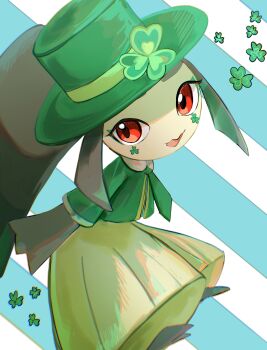 absurdres blue_background clothed_pokemon clover commentary_request flower flower_facial_mark gen_3_pokemon green_shirt hat hat_flower highres mawile nehokuchikuchi nintendo open_mouth pokemon pokemon_(creature) red_eyes saint_patrick&#039;s_day shamrock shirt simple_background smile striped_background two-tone_background white_background