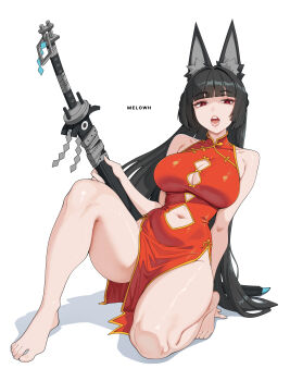 1girl absurdres animal_ear_fluff animal_ears arm_support artist_name bare_shoulders barefoot black_hair blunt_bangs breasts china_dress chinese_clothes clothing_cutout commentary cutout_above_navel dress english_commentary feet fox_ears fox_girl highres holding holding_sword holding_weapon hoshimi_miyabi katana large_breasts long_hair looking_at_viewer melowh navel navel_cutout open_mouth pelvic_curtain red_dress red_eyes shadow sheath sheathed sidelocks simple_background sleeveless sleeveless_dress solo sword toes very_long_hair weapon white_background yellow_trim zenless_zone_zero