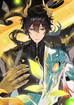 Rule 34 | 1boy, artist name, black hair, blue eyes, blurry, chinese commentary, chinese text, claws, closed mouth, commentary request, dan heng (alternate spacetime) (honkai: star rail), dan heng (honkai: star rail), dan heng (hunt) (honkai: star rail), dan heng (permansor terrae) (honkai: star rail), diamond-shaped pupils, diamond (shape), dragon, dragon horns, earrings, eyeliner, eyeshadow, gradient hair, hair between eyes, highres, honkai: star rail, honkai (series), hood, horns, jacket, jewelry, laodeng touzi, leaf, light particles, long hair, long sleeves, looking at viewer, makeup, male focus, multicolored hair, official alternate costume, ponytail, red eyeshadow, solo, symbol-shaped pupils, tassel, tassel earrings, twitter username, upper body, yellow eyes