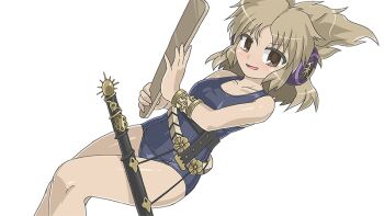 Rule 34 | 1girl, belt, black belt, blonde hair, blue one-piece swimsuit, blush, bracelet, breasts, brown eyes, collarbone, commentary request, gold belt, gold bracelet, holding, holding rod, jewelry, old school swimsuit, one-piece swimsuit, parted lips, rod, scabbard, school swimsuit, sheath, sheathed, small breasts, smile, solo, swimsuit, sword, thighs, touhou, toyosatomimi no miko, transparent background, weapon, winn