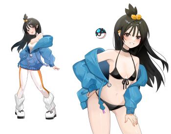 1girl :d absurdres bikini black_bikini black_choker black_hair blue_hoodie breasts choker commentary_request cube_hair_ornament earclip eyelashes grey_eyes grin hair_ornament hand_on_own_hip hand_on_own_thigh highres hood hood_down hoodie jika-sen korean_commentary leg_warmers leggings lida_(pokemon) long_hair multiple_views net_ball nintendo off_shoulder open_mouth pigeon-toed poke_ball pokemon pokemon_legends:_z-a shirt shoes smile strapless strapless_shirt swimsuit teeth topknot white_leg_warmers white_shirt white_shoes