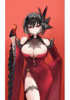 1girl absurdres azur_lane bare_shoulders black_gloves black_hair breasts chien_wu_(azur_lane) chinese_commentary cleavage commentary_request cowboy_shot detached_sleeves dress earrings gem gloves hair_ornament half_gloves highres hszy jewelry large_breasts long_sleeves looking_at_viewer medium_hair red_background red_dress red_eyes red_gemstone side_slit silk simple_background solo spider_web thigh_strap wide_sleeves