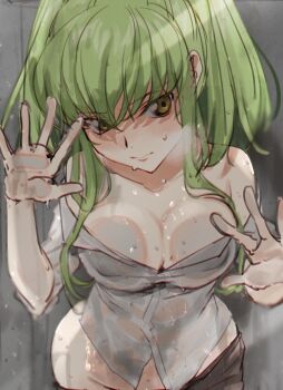 1girl against_glass bare_shoulders black_skirt blush breast_press breasts breasts_on_glass breath c.c. cleavage closed_mouth clothes_pull code_geass collarbone commentary_request covered_erect_nipples cowboy_shot creayus crossed_bangs dress_shirt green_hair grey_background groin hair_between_eyes hair_over_breasts hand_on_glass large_breasts leaning_forward long_hair looking_at_viewer no_bra off-shoulder_shirt off_shoulder partially_unbuttoned shirt short_sleeves sidelocks simple_background sketch skirt skirt_pull solo standing straight-on wet white_shirt yellow_eyes