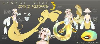 1girl absurdres antennae arthropod_girl black_sclera bra breasts character_name collarbone colored_sclera detached_sleeves dyarikku fins fish_tail ginkgo_leaf gradient_background grey_background hair_intakes highres indie_virtual_youtuber insect_girl large_breasts leaf mermaid monster_girl moth_antennae moth_girl official_alternate_costume official_art reference_sheet sanagi_yuzu sanagi_yuzu_(mermoth) second-party_source tail underwear virtual_youtuber white_hair white_sleeves yellow_bra yellow_eyes