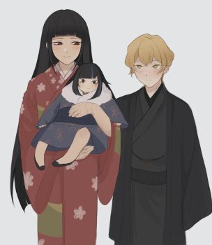 Rule 34 | 1boy, 2girls, absurdres, alternate costume, alternate hair length, alternate hairstyle, araya (project moon), black eyes, black hair, black haori, black kimono, black sash, black shoes, black sleeves, blonde hair, blue hair, blunt bangs, blunt ends, blush, carrying, child carry, commentary request, eyelashes, family, fur-trimmed kimono, fur trim, hair between eyes, hand on another's stomach, haori, highres, hime cut, japanese clothes, juban, kimono, limbus company, long hair, long sleeves, looking at another, looking at viewer, multicolored hair, multiple girls, obi, project moon, raccono 2811, red eyes, red kimono, ryoshu (project moon), sash, scar, scar on hand, shoes, sidelocks, sinclair (project moon), sleeves past fingers, sleeves past wrists, smile, split mouth, standing, streaked hair, tsurime, very long hair, white background, white sleeves, yellow eyes