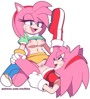 2girls absurdres amy_rose black_eyes breasts classic_amy_rose dual_persona furry furry_female furry_with_furry highres loli medium_breasts multiple_girls nipples pussy selfcest senshionart sonic_(series) tribadism yuri