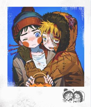 2boys arms_around_neck beanie black_hair blonde_hair blood blood_from_forehead blood_in_hair blood_on_clothes blue_eyes blush_stickers chibi child chun_baii colored_eyelashes commentary fake_photograph fangs fur-trimmed_hood fur_trim halloween hat head_tilt highres hood interlocked_fingers jacket kenny_mccormick looking_at_another looking_at_viewer male_focus multiple_boys orange_jacket patchwork_clothes polaroid_photo shirt south_park stan_marsh stitched_face stitches striped_blush symbol-only_commentary torn_clothes white_shirt zombie