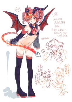 2girls ? a.i._voice adachi_rei adapted_costume ahoge bare_shoulders black_boots black_bra blush boots bra chinese_text commentary_request covering_crotch covering_privates detached_collar detached_sleeves drill_hair flying groin highres horns kasane_teto kasane_teto_(utau) looking_at_viewer multiple_girls navel neck_ribbon no_panties qiukui red_eyes red_hair ribbon sidelocks solo_focus speech_bubble spoken_blush spoken_question_mark tail tentacles thigh_boots translation_request twin_drills twitter_username underwear utau wings