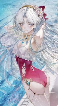 1girl absurdres ahoge armpits arms_up ass blue_eyes bow breasts carlotta_(splashing_summer)_(wuthering_waves) carlotta_(wuthering_waves) casual_one-piece_swimsuit closed_mouth commentary cowboy_shot flower grey_hair hair_bow hair_flower hair_ornament highres long_hair looking_at_viewer official_alternate_costume one-piece_swimsuit parted_bangs pink_bow pink_one-piece_swimsuit poolside renoahh revision small_breasts smile solo swimsuit thighs very_long_hair wuthering_waves