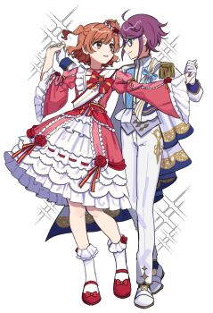 Rule 34 | 2girls, ahoge, aijou karen, anyaaa66, blue-framed eyewear, blue cloak, blue jacket, blue ribbon, bow, brooch, brown eyes, cloak, closed mouth, collared jacket, commentary request, dancing, dress, dress flower, dress ribbon, epaulettes, eye contact, face-to-face, flipped bangs, flower, footwear bow, frilled dress, frilled sash, frilled socks, frills, full body, glasses, gold trim, grabbing another's hand, green eyes, hair bow, hands up, highres, holding hands, hoshimi junna, interlocked fingers, jacket, jewelry, kneehighs, long sleeves, looking at another, mary janes, medium dress, multicolored cloak, multicolored jacket, multiple girls, necklace, official alternate costume, official alternate hair length, official alternate hairstyle, pants, parted lips, pearl necklace, print pants, profile, puffy long sleeves, puffy sleeves, purple hair, purple vest, red bow, red flower, red ribbon, red rose, red shoes, ribbon, ribbon trim, rose, sash, shoes, short hair, shoujo kageki revue starlight, shoulder sash, side-by-side, single epaulette, smile, socks, sparkle, standing, star (symbol), striped ribbon, swept bangs, two-tone dress, two-tone jacket, two side up, vest, waistcoat, white background, white cloak, white flower, white jacket, white pants, white ribbon, white rose, white sash, white shoes, white socks, wide sleeves, yuri