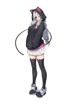 1girl :t absurdres animal_ear_legwear animal_ears animal_hood animal_print beeeeen black_hoodie black_shoes black_thighhighs blush bow braid braided_ponytail breasts bright_pupils cat_ear_legwear cat_ears cat_hood cat_print cat_tail closed_mouth clothes_lift drawstring eyepatch fake_animal_ears fake_tail full_body grey_hair hair_bow hands_in_pocket highres hood hood_up hoodie large_breasts last_origin lemonade_gamma long_hair long_sleeves looking_at_viewer miniskirt multicolored_shoes one_eye_covered parted_bangs paw_shoes pink_bow pleated_skirt pocket pout print_thighhighs red_eyes shoes side_braids simple_background skirt skirt_lift sneakers solo standing tail thighhighs transparent_background two-tone_shoes v-shaped_eyebrows very_long_hair white_pupils white_shoes white_skirt zettai_ryouiki