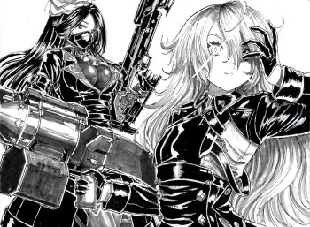 2girls breasts chuunibyou cleavage extrinsic_(nikke) flower gloves goddess_of_victory:_nikke greyscale guillotine_(nikke) hair_flower hair_ornament half_gloves holding holding_weapon jewelry key key_necklace large_breasts lock long_hair looking_at_viewer maiden_(nikke) mask military military_uniform monochrome multiple_girls necklace padlock padlocked_collar simple_background substance20 wavy_hair weapon
