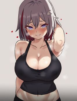 1girl bare_shoulders black_pants black_tank_top blue_eyes blush breasts cleavage collarbone colored_inner_hair commentary grey_background grey_hair grin hair_ornament hairclip heart heavy_breathing highres honkai:_star_rail honkai_(series) huge_breasts looking_at_viewer medium_hair multicolored_eyes multicolored_hair navel neinlol pants purple_eyes red_hair simple_background smile solo stained_clothes stomach sweat tank_top topaz_(honkai:_star_rail) two-tone_eyes two-tone_hair