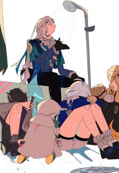 3boys 3girls ahoge ankle_garter ascot asymmetrical_bangs bare_shoulders bathtub black_dress black_footwear black_gloves black_hair blonde_hair blood bloody_knife blue_coat blue_hair blue_jacket boots brooch callas_(genshin_impact) cloak closed_mouth coat covered_face cradling_head curtains detached_sleeves drain_(object) dress eyepatch facing_away frown full_body furina_(genshin_impact) genshin_impact gloves grey_hair grey_shirt grey_socks hair_between_eyes head_down highres holding holding_knife hood hood_up hooded_cloak hugging_own_legs jacket jewelry jf32o knees_up knife long_hair long_sleeves looking_down looking_up multicolored_hair multiple_boys multiple_girls navia_(genshin_impact) neuvillette_(genshin_impact) on_floor pointy_ears purple_eyes purple_vest shirt shoes short_hair short_shorts shorts shower_head sigewinne_(genshin_impact) simple_background sitting socks strapless strapless_dress streaked_hair thigh_boots thigh_strap vest wet wet_clothes wet_hair white_ascot white_background white_cloak white_gloves white_hair white_shorts white_socks wriothesley_(genshin_impact)