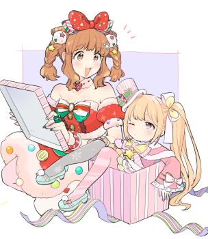 Rule 34 | 2girls, :3, :d, asymmetrical legwear, black pantyhose, blonde hair, blush, bow, box, braid, breasts, brown eyes, brown hair, christmas, cleavage, dress, full body, futaba anzu, hair bow, hat, highres, idolmaster, in box, in container, kirakira p cyan, long sleeves, medium breasts, mini hat, mini top hat, moroboshi kirari, multiple girls, one eye closed, open mouth, panties, pantyhose, pink eyes, pink panties, santa costume, santa dress, side ponytail, smile, strapless, strapless dress, top hat, underwear, wide sleeves