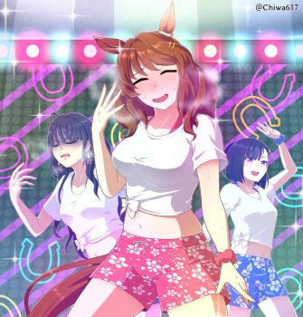 3girls animal_ears arm_up black_hair blue_scrunchie blue_shorts blush breasts brown_hair chiwa_(chiwa0617) collarbone commentary_request crop_top earrings floral_print gaze_on_me!_outfit_(umamusume) highres horse_ears horse_girl horse_tail jewelry kashimoto_riko kiryuuin_aoi light_hello_(umamusume) long_hair medium_breasts midriff multiple_girls navel nose_blush print_shorts purple_eyes red_shorts scrunchie shirt short_sleeves shorts steam sweat tail twitter_username umamusume very_long_hair white_shirt wrist_scrunchie