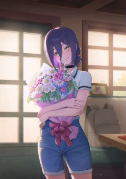 1girl absurdres backpack bag black_choker blue_shorts bouquet chainsaw_man choker closed_mouth door flower green_eyes hair_between_eyes hair_bun highres holding holding_bouquet indoors looking_at_viewer medium_hair naeaemgung pochita_(chainsaw_man) polo_shirt purple_hair reze_(chainsaw_man) shirt shorts smile solo table white_shirt window