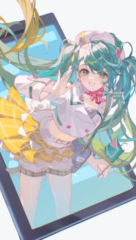 1girl absurdres arm_up beret blonde_hair blush bow collarbone commentary cropped_jacket diamond_(shape) diamond_hair_ornament gradient_hair hat hatsune_miku highres jacket lixiang_guo_alice long_hair long_sleeves looking_at_viewer magical_mirai_(vocaloid) magical_mirai_miku magical_mirai_miku_(2024) midriff multicolored_hair musical_note musical_note_ornament navel number_earrings official_alternate_costume official_alternate_hairstyle open_mouth pink_bow plaid_clothes plaid_skirt pleated_skirt shorts shorts_under_skirt skirt smile solo symbol-only_commentary teeth twintails very_long_hair vocaloid white_hat white_jacket yellow_skirt