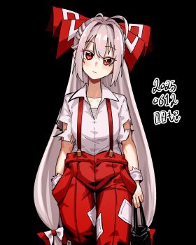 1girl :| absurdres ahoge bag black_background blush bow chest_sarashi closed_mouth collared_shirt cowboy_shot dated fujiwara_no_mokou grey_hair hair_bow highres holding holding_bag long_hair multiple_hair_bows neophyte pants partially_unbuttoned raised_eyebrows red_bow red_eyes red_pants red_suspenders sarashi shirt simple_background solo suspenders torn_clothes touhou very_long_hair white_bow white_shirt