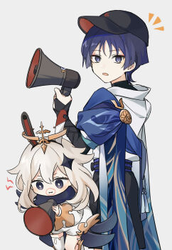 1boy 1girl alternate_headwear animal_ear_hairband animal_ears armor belt black_belt black_bodysuit black_bridal_gauntlets black_eyes black_hat black_scarf black_shorts blue_cape blue_sleeves blunt_ends bodysuit bridal_gauntlets bright_pupils cape clenched_hand closed_mouth diamond_hair_ornament eyelashes eyeliner eyeshadow fake_animal_ears furisode genshin_impact gold_halo gold_ring hairband halo hand_up hat highres holding holding_megaphone japanese_armor japanese_clothes kimono kote kurokote layered_sleeves long_sleeves looking_at_object looking_at_viewer makeup mechanical_halo megaphone middle_ring notice_lines open_mouth paimon_(genshin_impact) peaked_cap purple_eyes purple_hair purple_sash rabbit_ears red_eyeliner red_eyeshadow red_hat romper sash scaramouche_(genshin_impact) scarf short_hair short_hair_with_long_locks short_sleeves shorts sidelocks single_thighhigh tassel thighhighs turtleneck turtleneck_bodysuit two-sided_fabric two-sided_headwear wamin wanderer_(genshin_impact) white_background white_hair white_kimono white_pupils white_romper white_sleeves white_thighhighs white_trim wispy_bangs