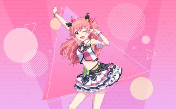 1girl ;d belt circle collared_shirt colorful_palette crop_top cropped_vest fang frilled_skirt frills game_cg hair_ornament highres idol_clothes long_hair momoi_airi multicolored_vest navel official_art one_eye_closed open_mouth piano_print pink_background pink_eyes pink_hair pleated_skirt project_sekai shirt skirt smile solo third-party_source tongue triangle v vest white_shirt white_skirt white_vest