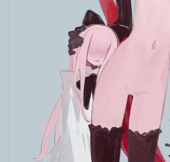 1girl 1other :t black_bow black_gloves black_thighhighs blacked_hand_(meme) blonde_hair blue_background bow dress esloena faceless faceless_female gloves groin hair_bow hand_on_another's_head long_hair meme navel nude original red_hair tall thighhighs