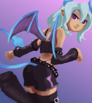 boots collar crop_top crossdressing demon demon_boy demon_horns demon_tail demon_wings detached_sleeves femboy highres horns pointy_ears purple_eyes reformed_chimera sulfur tail thigh_boots thong trap white_hair wings